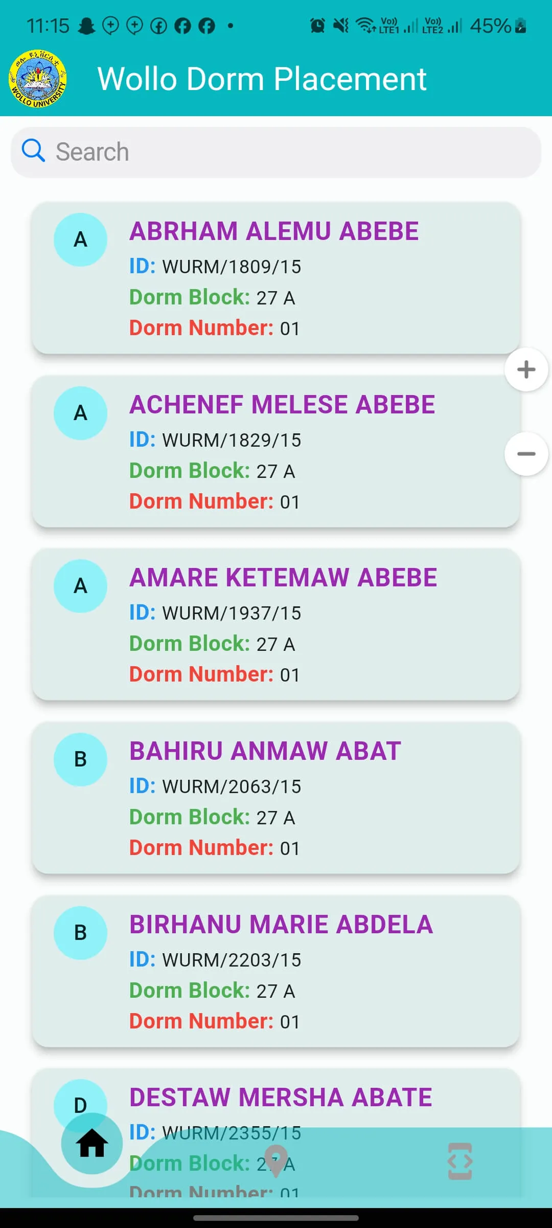 Wollo Dorm Placement: app screenshot